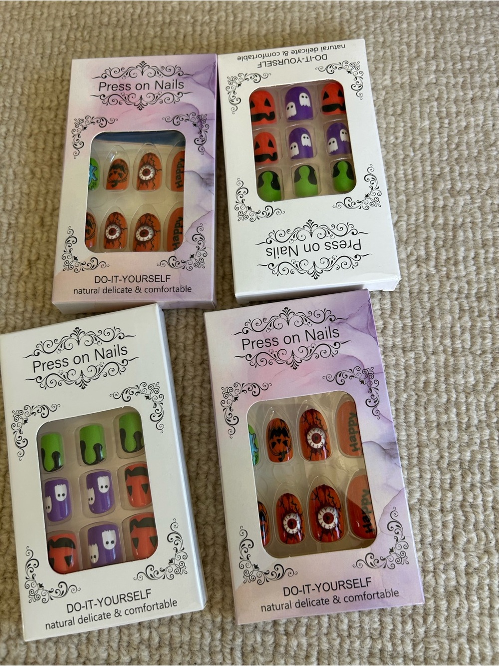Halloween Press-On Nail Sets - Orange, Purple, Green, Black